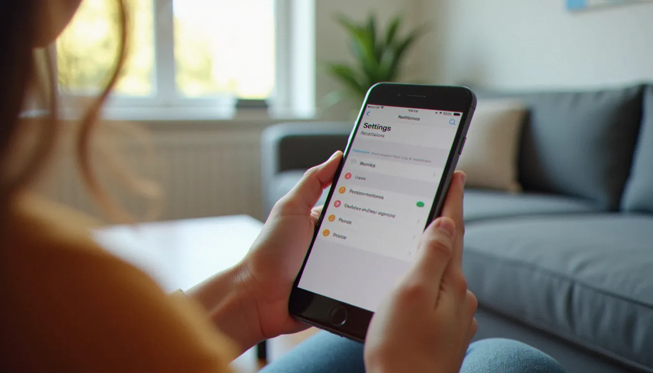 Mains tenant un iPhone affichant les réglages de restrictions Apple dans un salon moderne