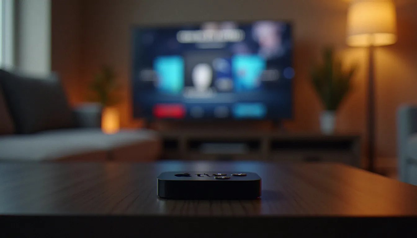 Télécommande Apple TV sur une table basse avec écran TV en arrière-plan montrant l'interface de streaming