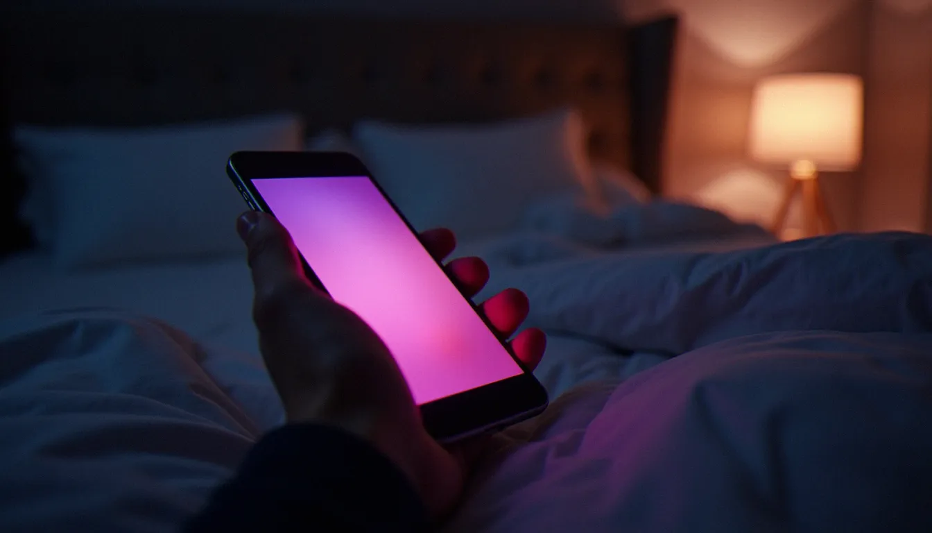 Dépendance au cybersexe : comprendre, repérer, s'en sortir Main tenant un smartphone allumé dans une chambre sombre, illustrant la dépendance au cybersexe en soirée