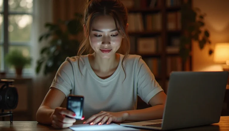 Créatrice UGC produisant du contenu authentique pour des marques, travail de freelance à domicile