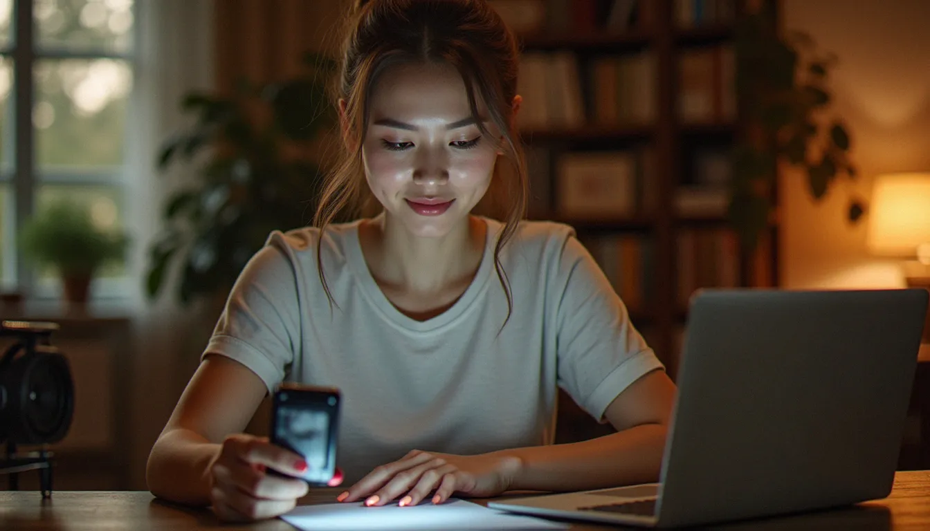 Créatrice UGC produisant du contenu authentique pour des marques, travail de freelance à domicile